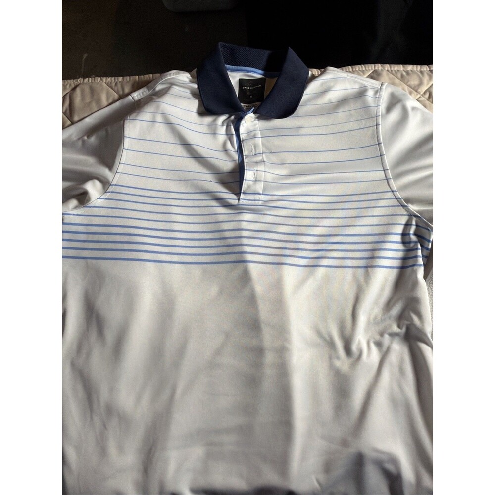 Greg Norman Golf Shirt M, White Dry Fit With Blue Stripes